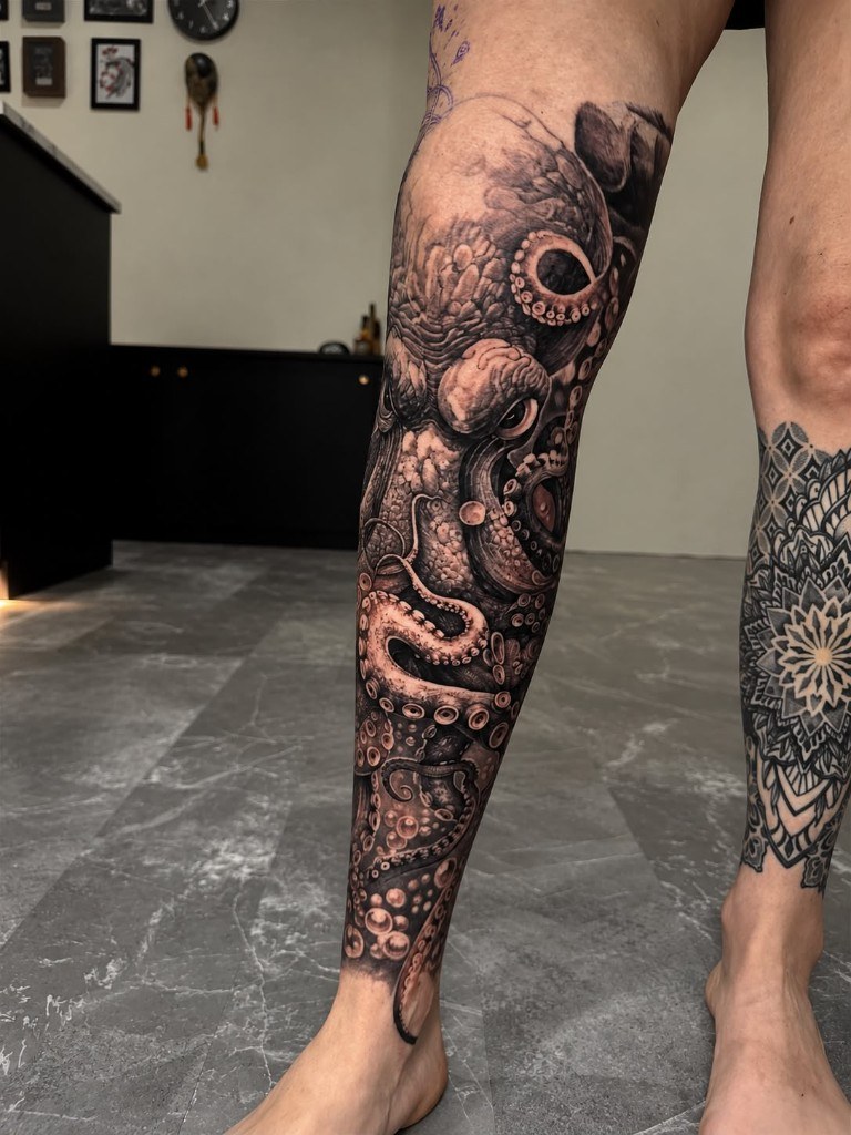 Black and grey octopus tattoo wrapping around lower leg